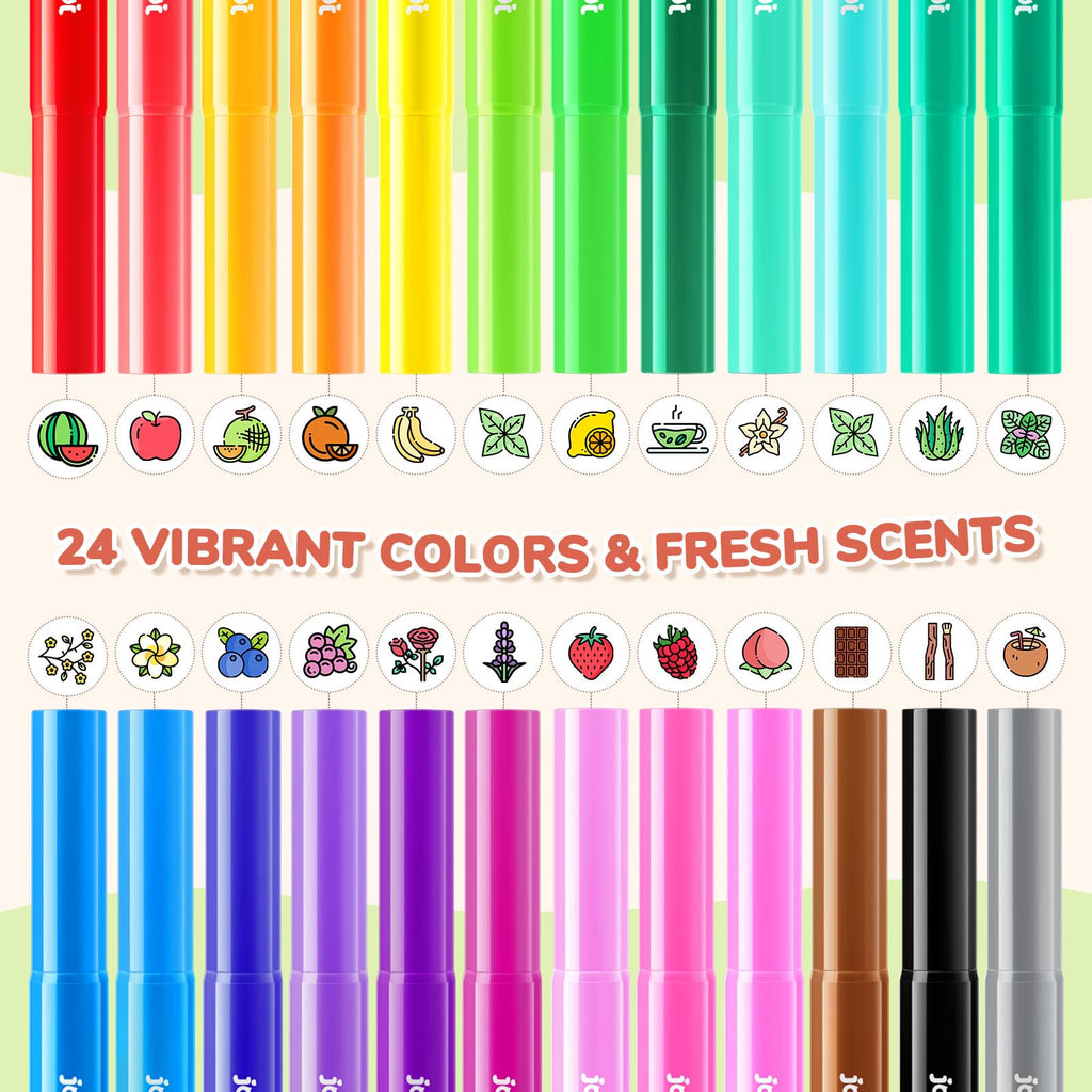 JoyCat 24 Scented Washable Markers for Kids – Fruit & Dessert Fragrances with Conical Tips, Non-Toxic Art Supplies