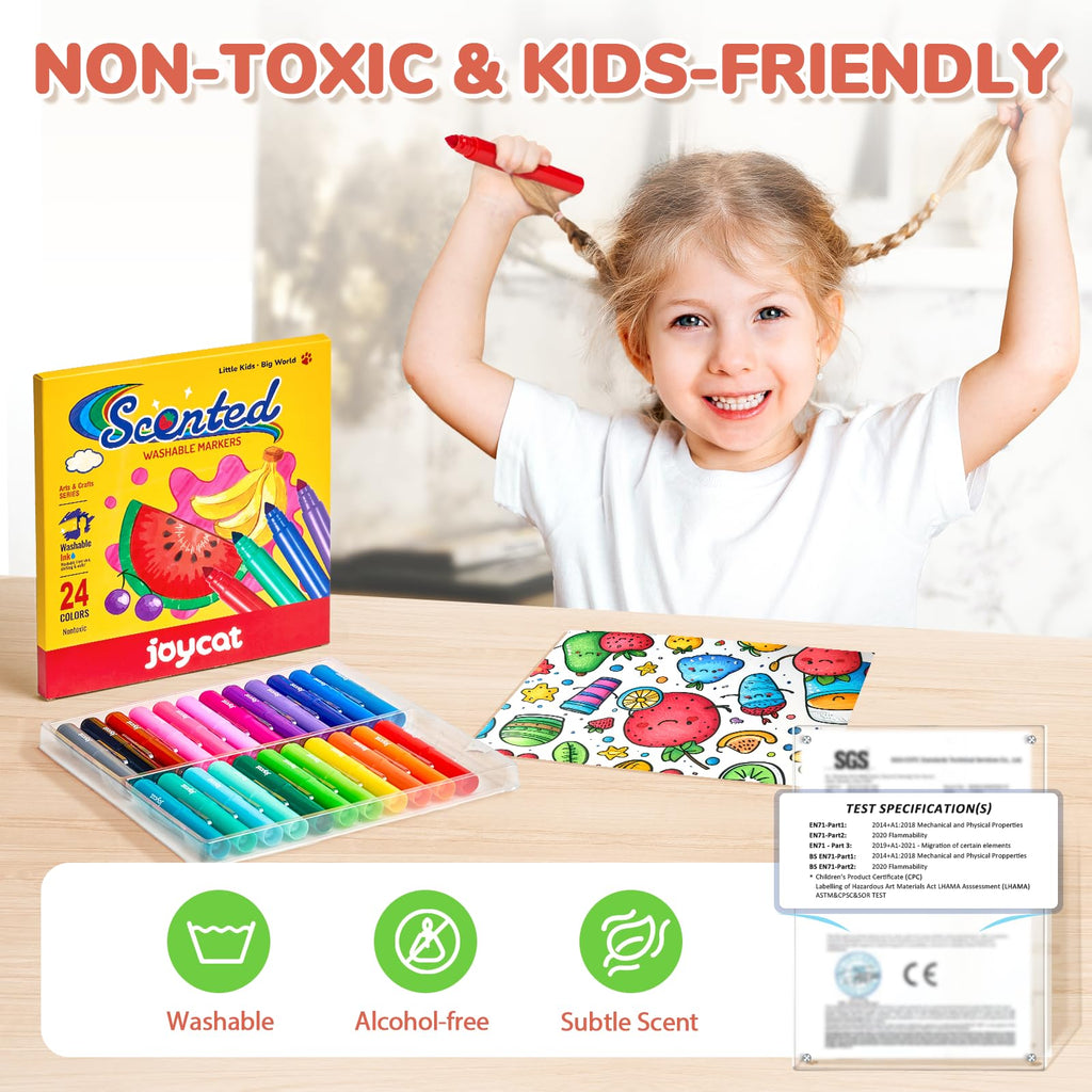 JoyCat 24 Scented Washable Markers for Kids – Fruit & Dessert Fragrances with Conical Tips, Non-Toxic Art Supplies