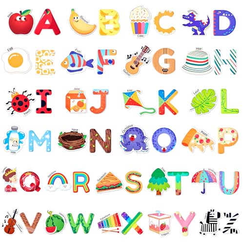 JoyCat 52-Piece Fridge Magnets for Toddlers – Cute Objects & Uppercase Letters, Large Alphabet Magnets for Preschool Learning, Ages 2+