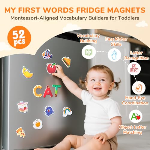 JoyCat 52-Piece Fridge Magnets for Toddlers – Cute Objects & Uppercase Letters, Large Alphabet Magnets for Preschool Learning, Ages 2+