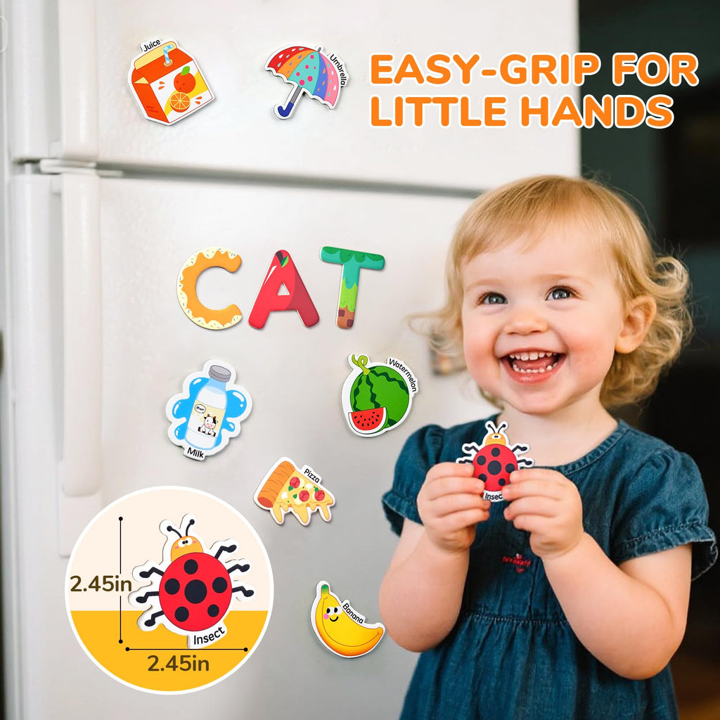 JoyCat 52-Piece Fridge Magnets for Toddlers – Cute Objects & Uppercase Letters, Large Alphabet Magnets for Preschool Learning, Ages 2+