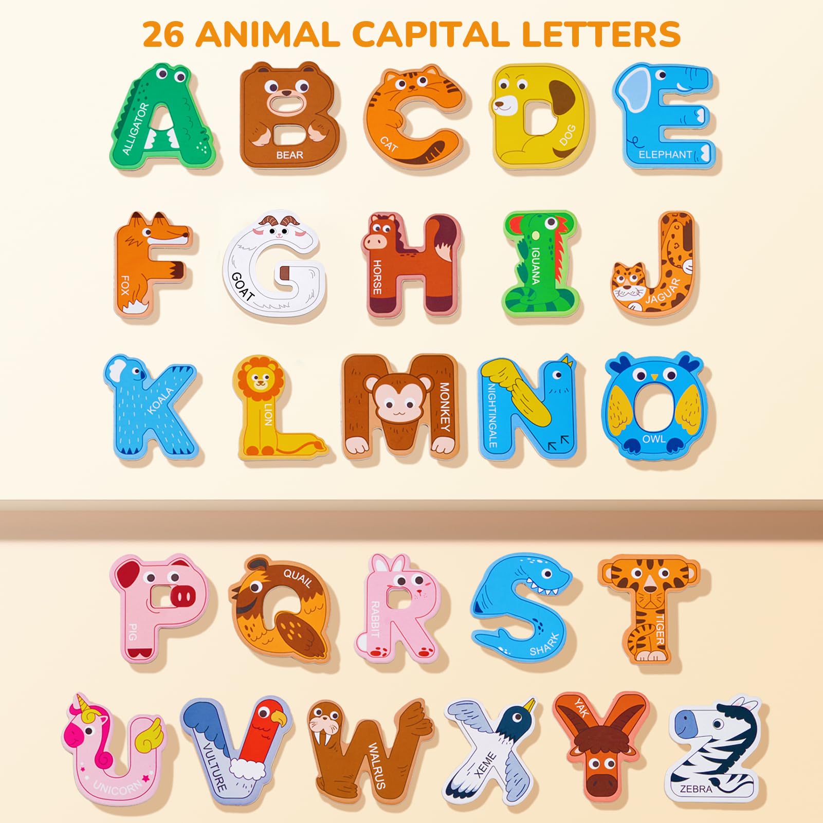 JoyCat Magnetic Letters: 26 Uppercase Alphabet Fridge Magnets with Animal Designs for Toddlers Age 2+