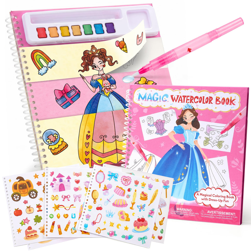JoyCat Princess Mix & Match Paint with Water Book - 20 Art Pages, 7 Paints, 150+ Stickers for Kids 3-8