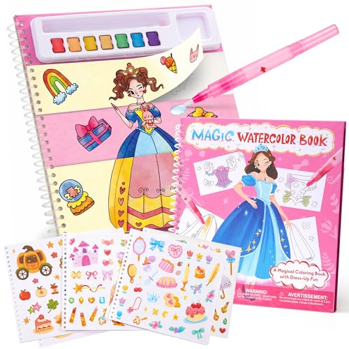 JoyCat Princess Mix & Match Paint with Water Book - 20 Art Pages, 7 Paints, 150+ Stickers for Kids 3-8