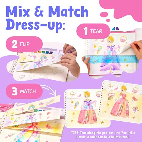 JoyCat Princess Mix & Match Paint with Water Book - 20 Art Pages, 7 Paints, 150+ Stickers for Kids 3-8