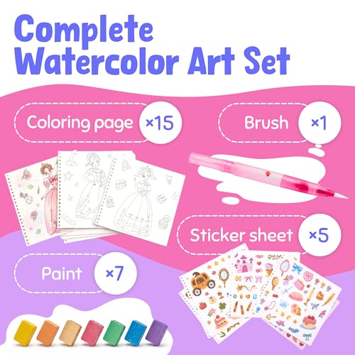 JoyCat Princess Mix & Match Paint with Water Book - 20 Art Pages, 7 Paints, 150+ Stickers for Kids 3-8