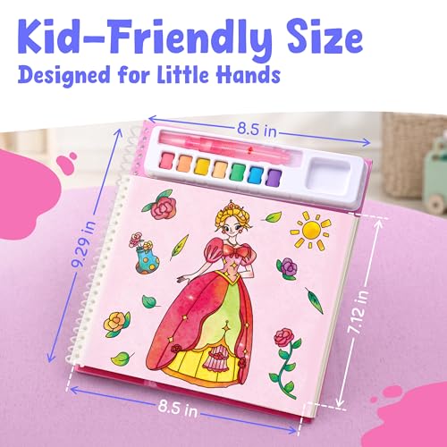 JoyCat Princess Mix & Match Paint with Water Book - 20 Art Pages, 7 Paints, 150+ Stickers for Kids 3-8