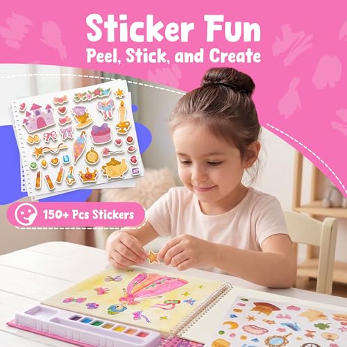 JoyCat Princess Mix & Match Paint with Water Book - 20 Art Pages, 7 Paints, 150+ Stickers for Kids 3-8