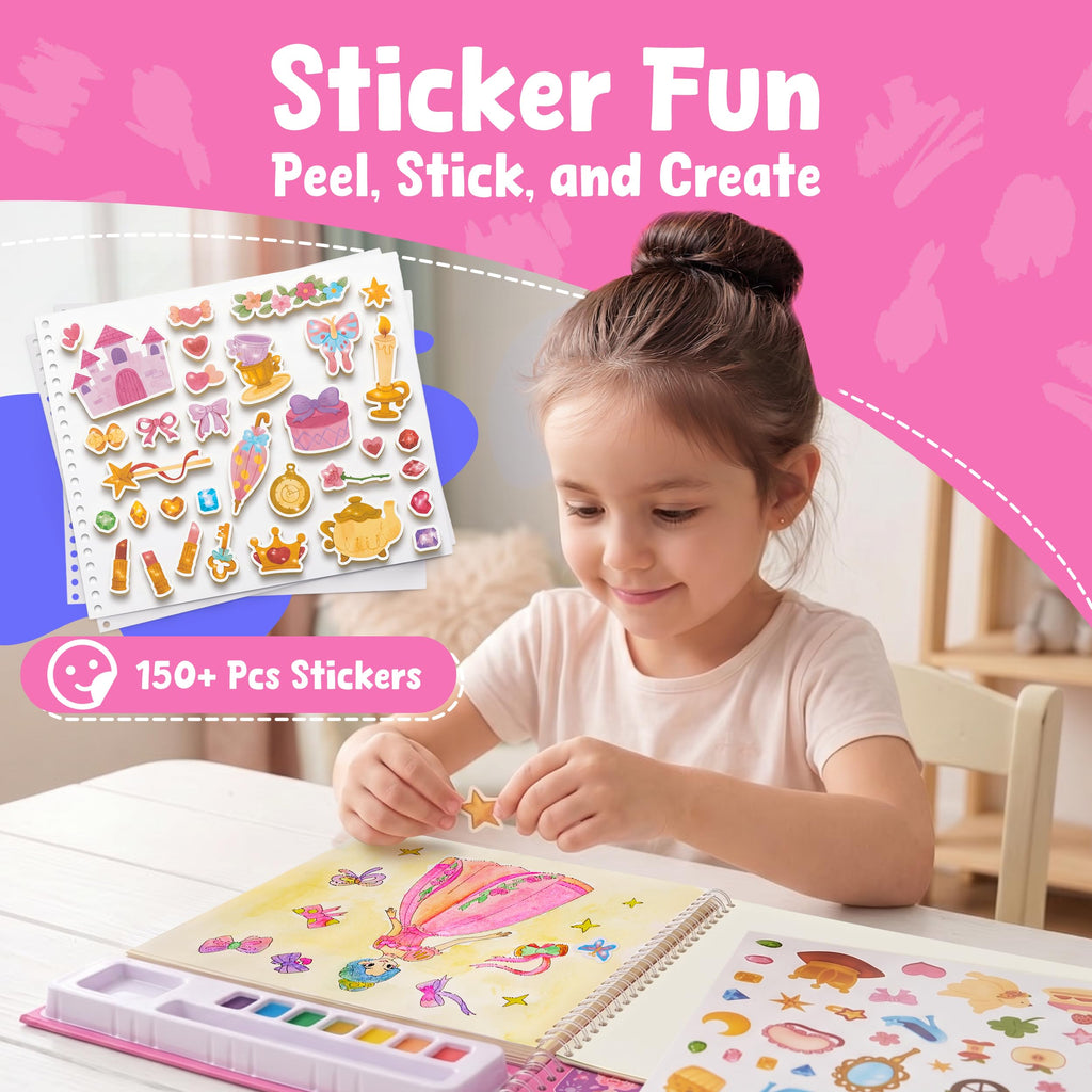 JoyCat Princess Mix & Match Paint with Water Book - 20 Art Pages, 7 Paints, 150+ Stickers for Kids 3-8