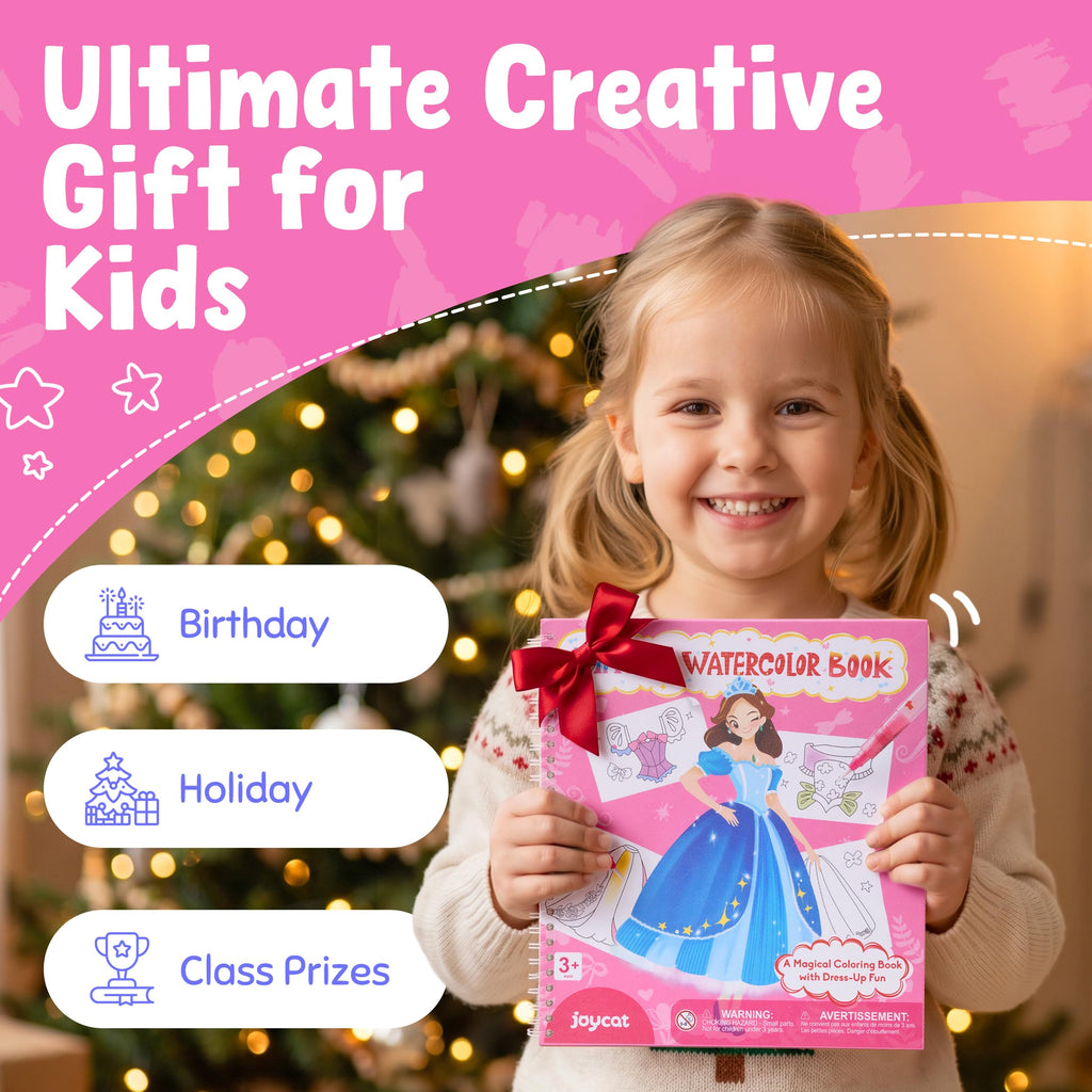 JoyCat Princess Mix & Match Paint with Water Book - 20 Art Pages, 7 Paints, 150+ Stickers for Kids 3-8