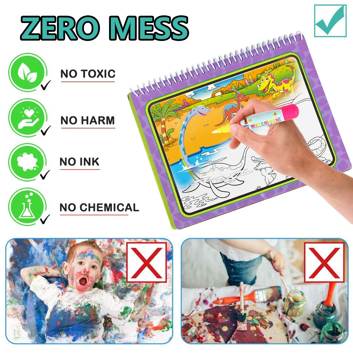Joyfia Water Drawing Books – Mess-Free Coloring Set with Dinosaur, Cartoon & Vehicle Themes for Toddlers