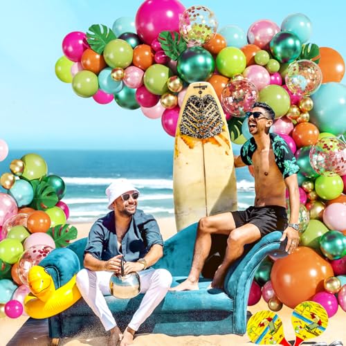 JOYFLOAT 146-Piece Tropical Luau Balloon Arch Kit – Hot Pink, Pearl Pink, Green, Blue, Orange, Gold, Metallic Green, Confetti Balloons with Palm Leaves for Hawaiian Theme Parties