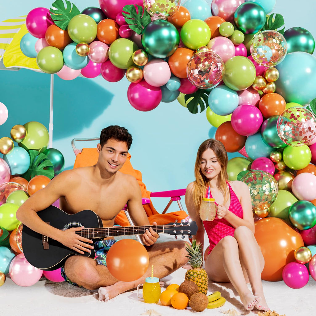 JOYFLOAT 146-Piece Tropical Luau Balloon Arch Kit – Hot Pink, Pearl Pink, Green, Blue, Orange, Gold, Metallic Green, Confetti Balloons with Palm Leaves for Hawaiian Theme Parties