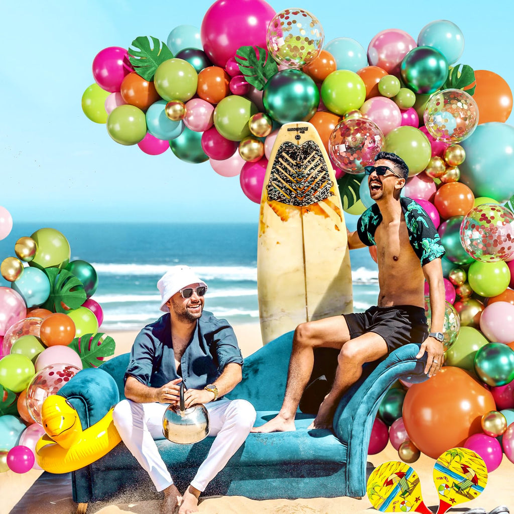 JOYFLOAT 146-Piece Tropical Luau Balloon Arch Kit – Hot Pink, Pearl Pink, Green, Blue, Orange, Gold, Metallic Green, Confetti Balloons with Palm Leaves for Hawaiian Theme Parties