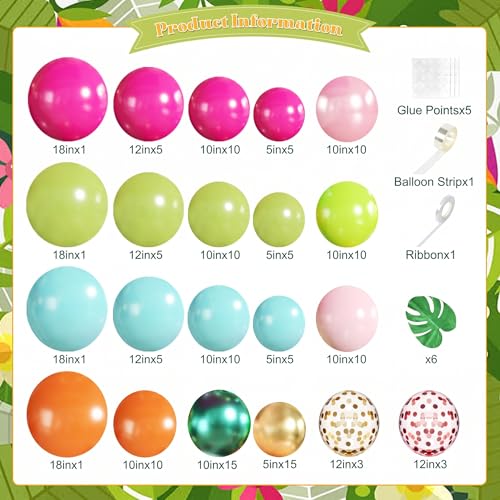 JOYFLOAT 146-Piece Tropical Luau Balloon Arch Kit – Hot Pink, Pearl Pink, Green, Blue, Orange, Gold, Metallic Green, Confetti Balloons with Palm Leaves for Hawaiian Theme Parties