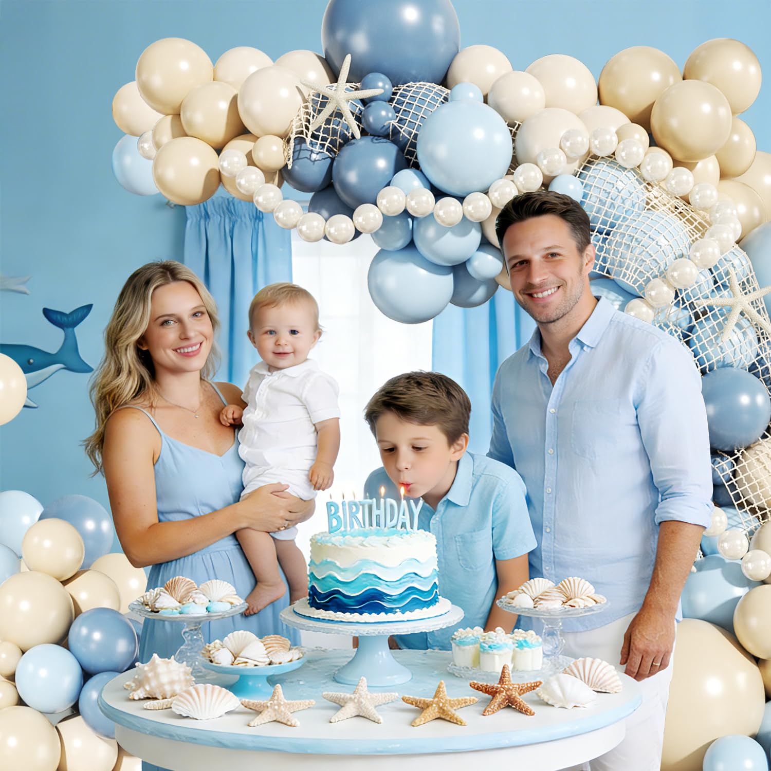 JOYFLOAT Blue Beach Balloon Arch Kit – 140Pcs Blue & White Balloons for Ocean Sea Pool Theme Party Decor