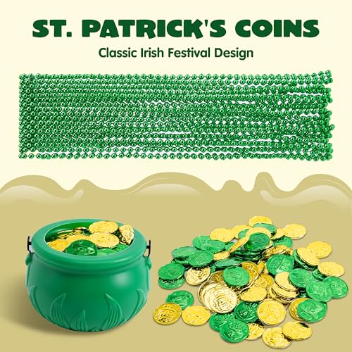 JOYIN 119-Piece St. Patrick's Day Party Supplies Set – Green Bead Necklaces, Gold Coins, and Plastic Cauldron