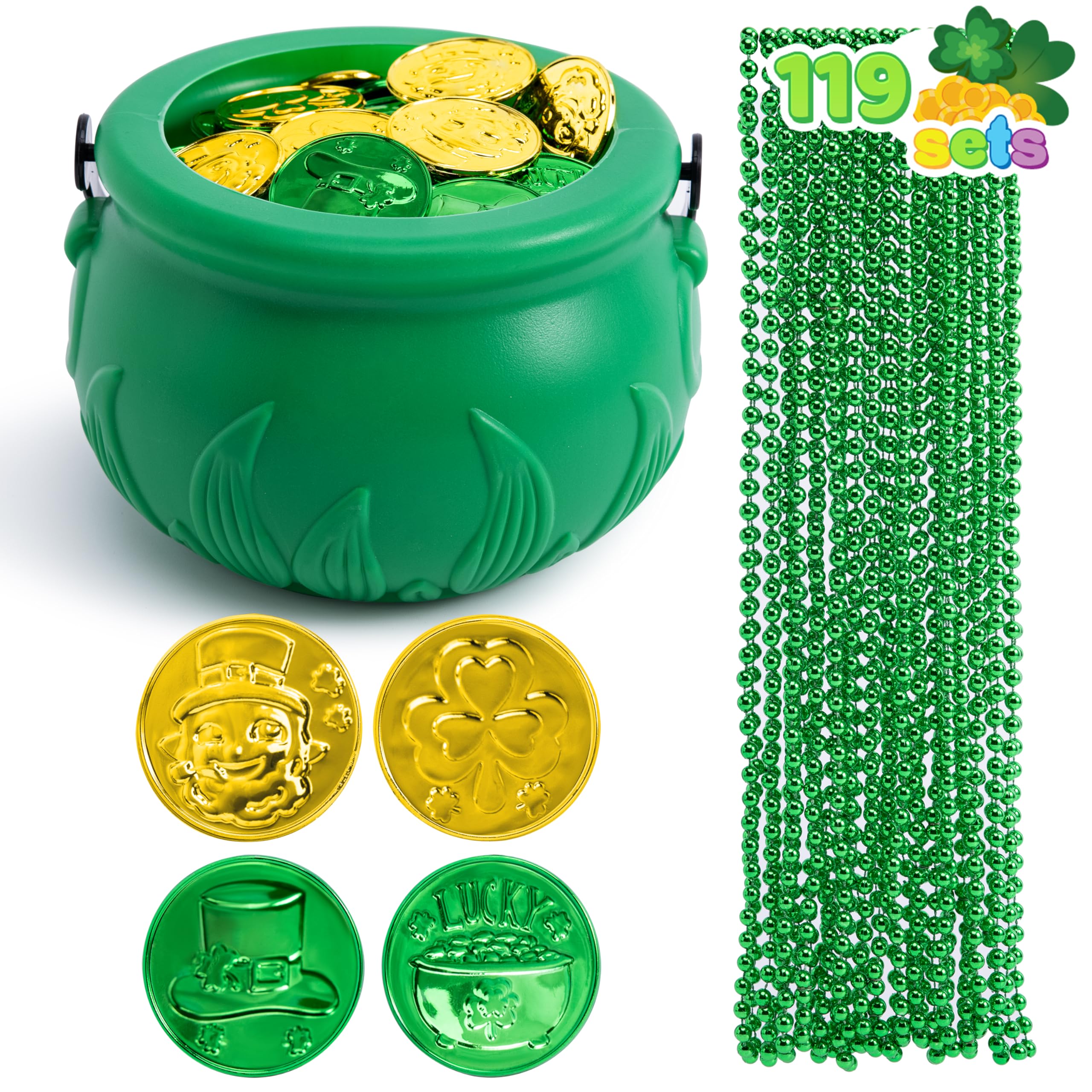 JOYIN 119-Piece St. Patrick's Day Party Supplies Set – Green Bead Necklaces, Gold Coins, and Plastic Cauldron
