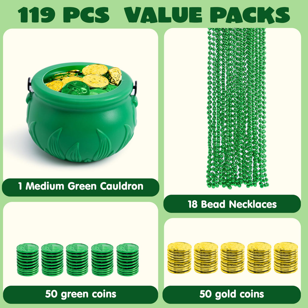 JOYIN 119-Piece St. Patrick's Day Party Supplies Set – Green Bead Necklaces, Gold Coins, and Plastic Cauldron