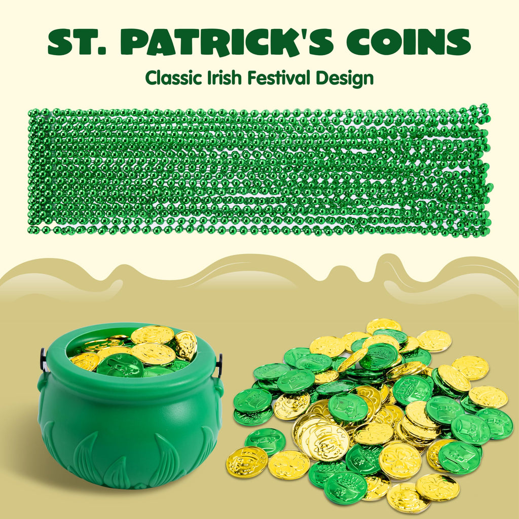 JOYIN 119-Piece St. Patrick's Day Party Supplies Set – Green Bead Necklaces, Gold Coins, and Plastic Cauldron