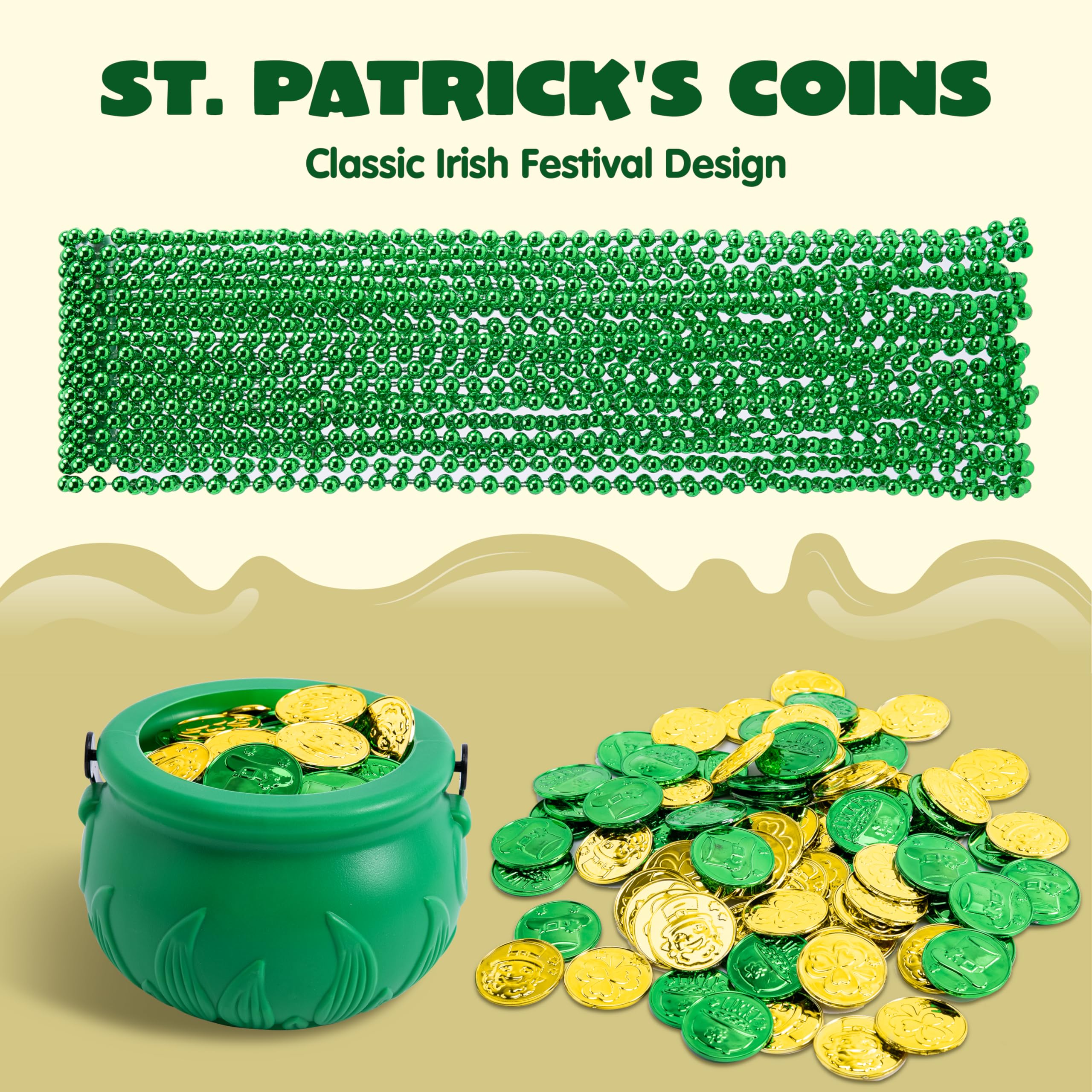 JOYIN 119-Piece St. Patrick's Day Party Supplies Set – Green Bead Necklaces, Gold Coins, and Plastic Cauldron