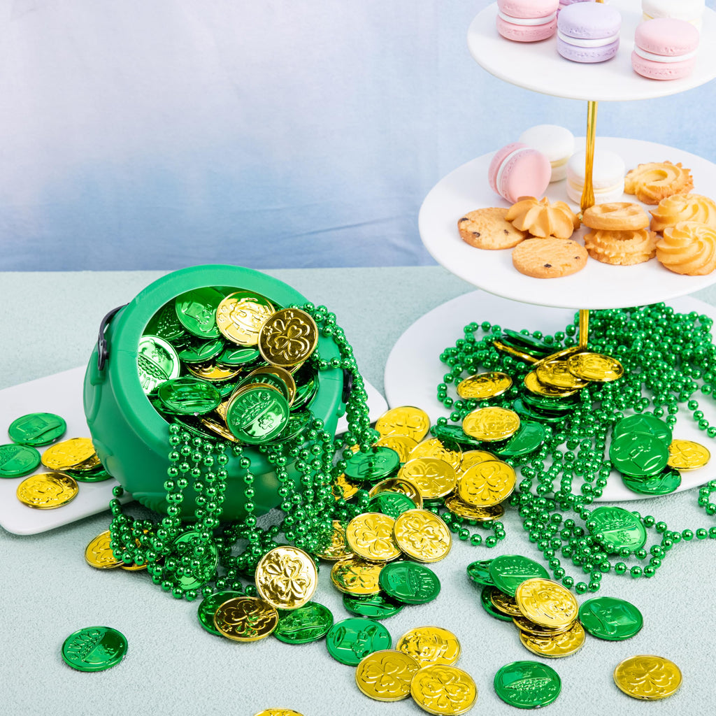 JOYIN 119-Piece St. Patrick's Day Party Supplies Set – Green Bead Necklaces, Gold Coins, and Plastic Cauldron