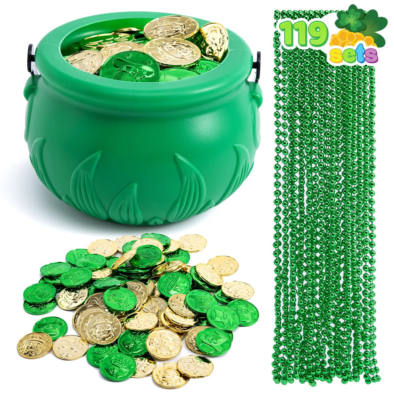 JOYIN 119-Piece St. Patrick's Day Party Supplies Set – Green Bead Necklaces, Gold Coins, and Plastic Cauldron
