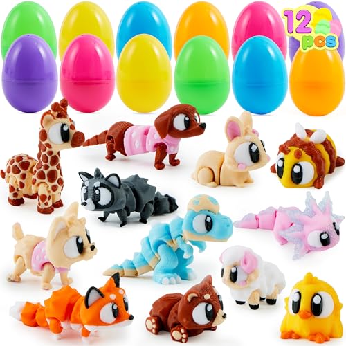 JOYIN 12-Pack Prefilled Easter Eggs with 3D Printed Articulated Mini Animal Toys