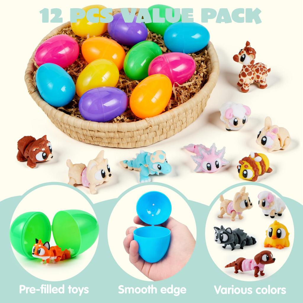 JOYIN 12-Pack Prefilled Easter Eggs with 3D Printed Articulated Mini Animal Toys