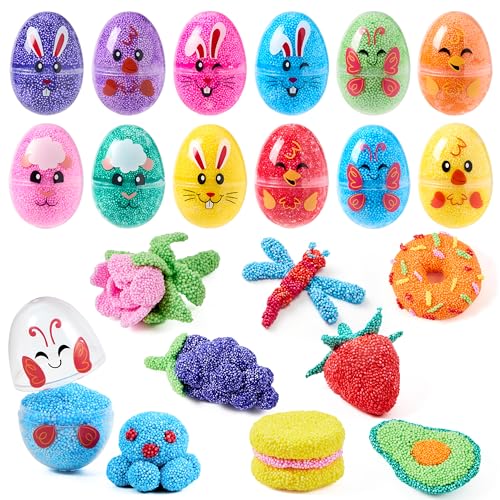 JOYIN 12-Pack Prefilled Easter Eggs with Foam Squishy Toys - Cute Chick, Bunny, and Lamb Designs for Egg Hunts, Basket Stuffers, Party Favors