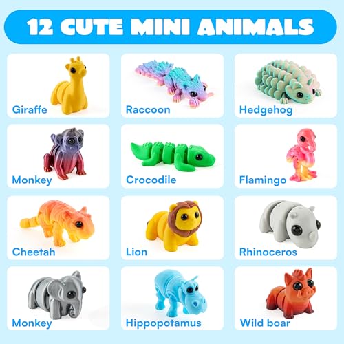 JOYIN 12-Piece 3D Printed Safari Animal Figurines – Articulated, Flexible Fidget Toys for Party Favors and Classroom Rewards