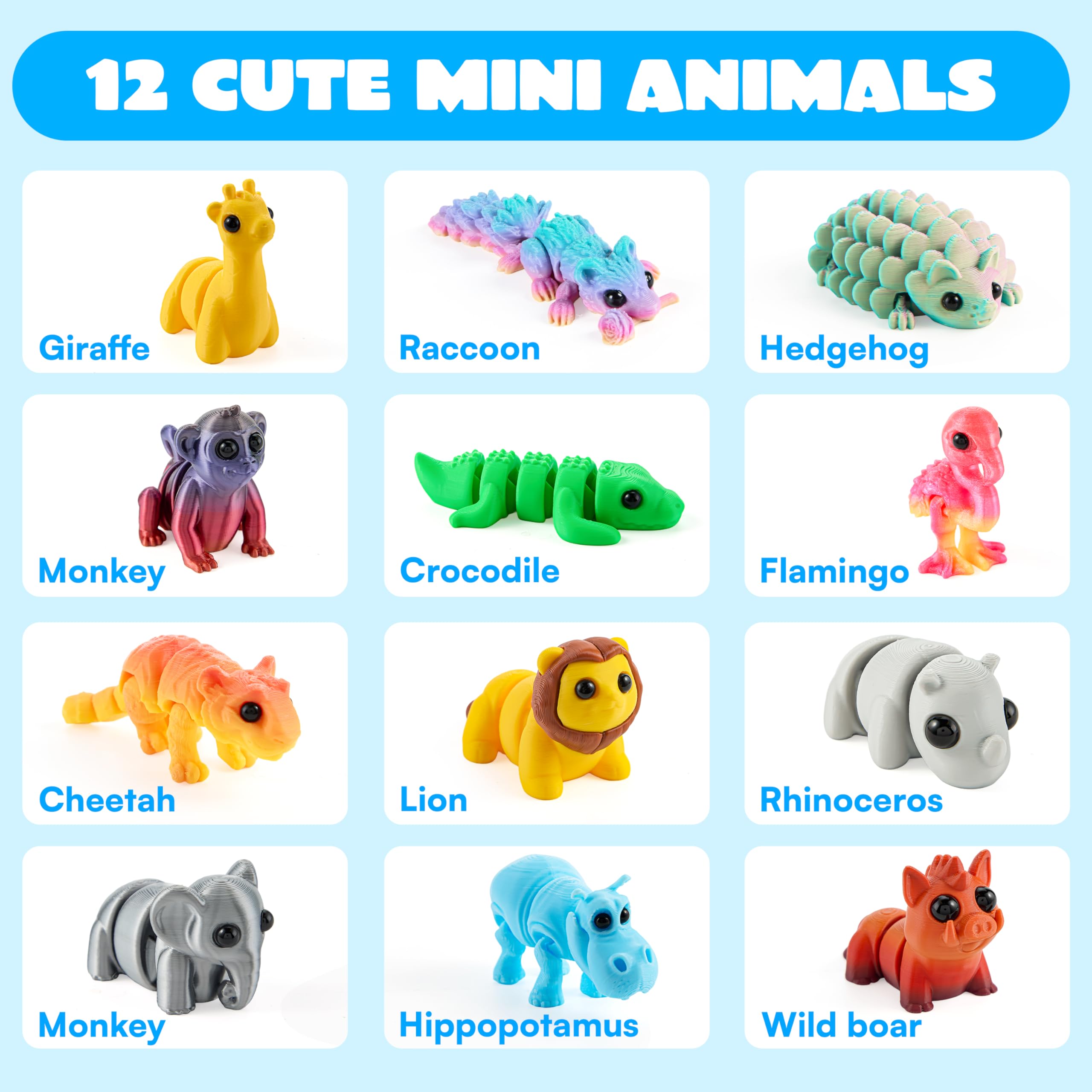 JOYIN 12-Piece 3D Printed Safari Animal Figurines – Articulated, Flexible Fidget Toys for Party Favors and Classroom Rewards