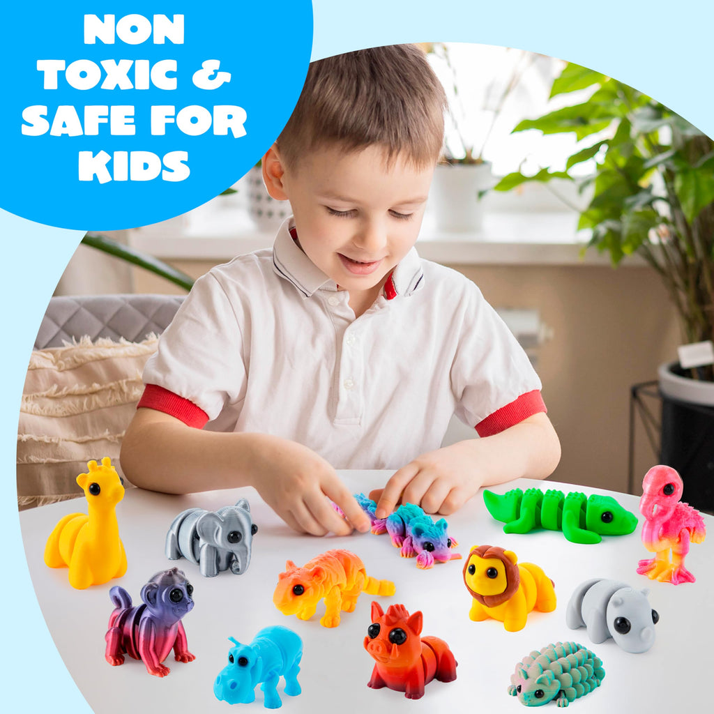 JOYIN 12-Piece 3D Printed Safari Animal Figurines – Articulated, Flexible Fidget Toys for Party Favors and Classroom Rewards