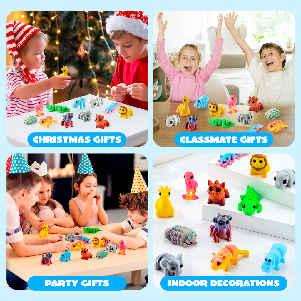 JOYIN 12-Piece 3D Printed Safari Animal Figurines – Articulated, Flexible Fidget Toys for Party Favors and Classroom Rewards