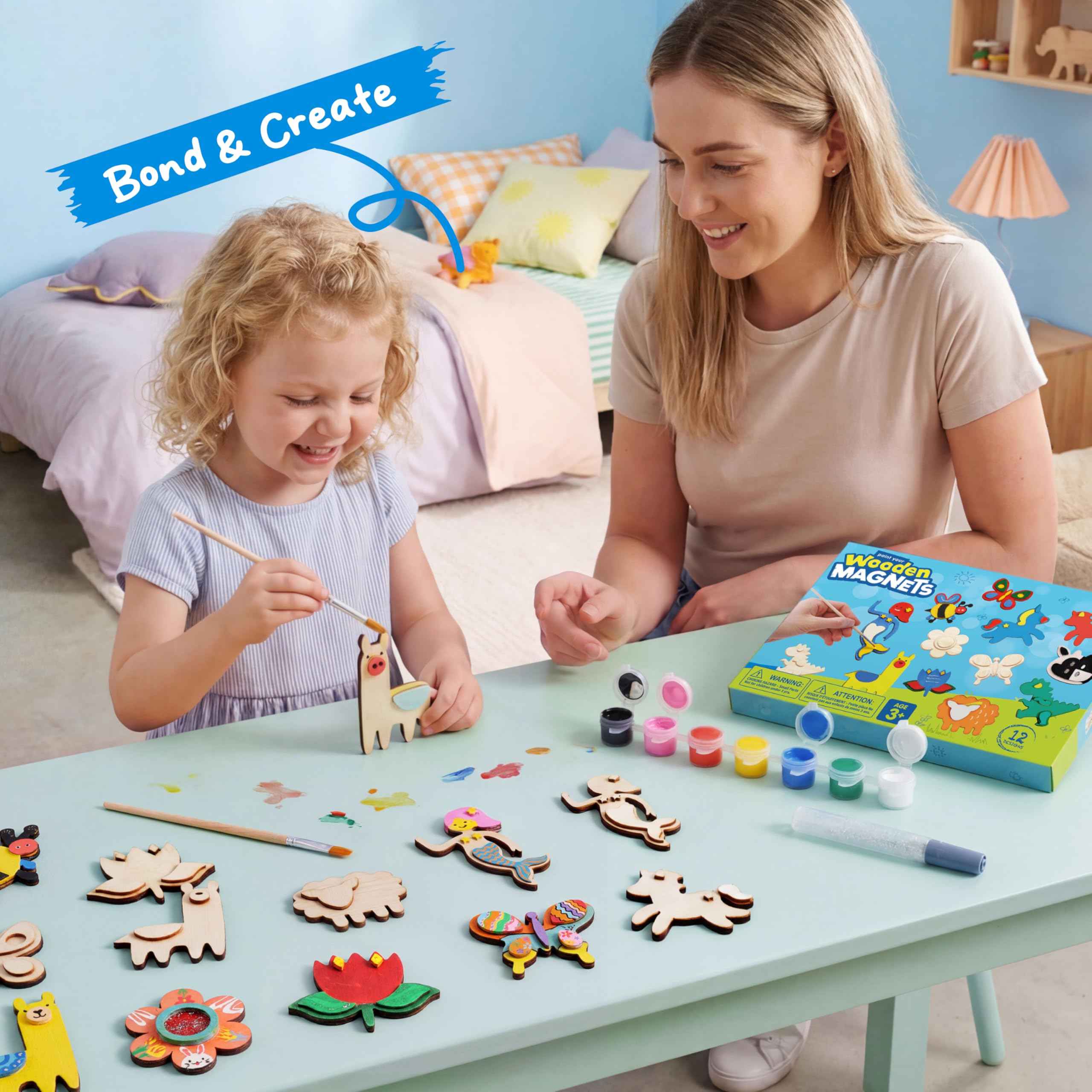JOYIN 12-Piece Wooden Magnet Painting Kit for Kids – DIY Arts & Crafts Set with Paint and Glitter Glue