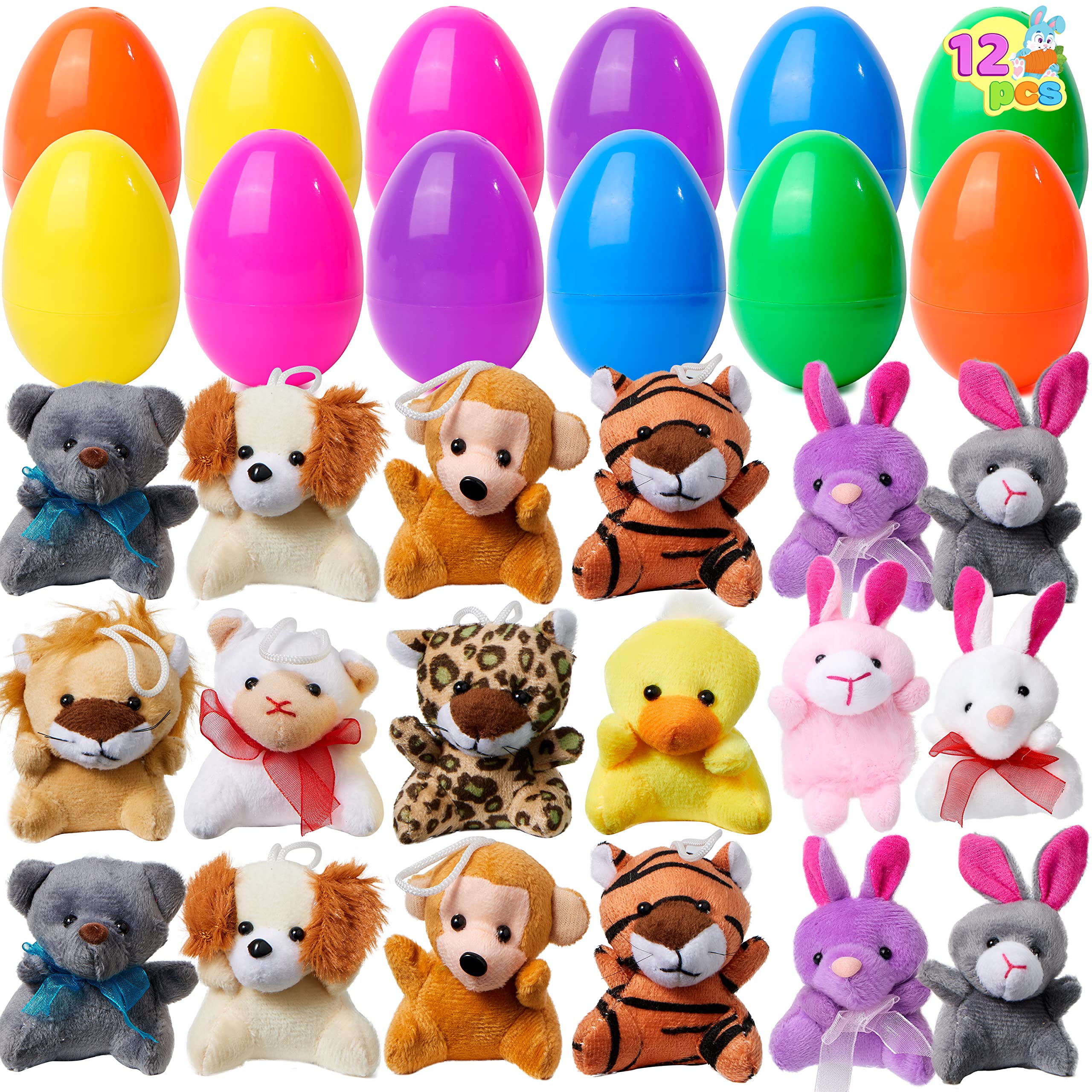 JOYIN 12 Prefilled Easter Eggs with 12 Different Mini Plush Animals for Kids Ages 3-10
