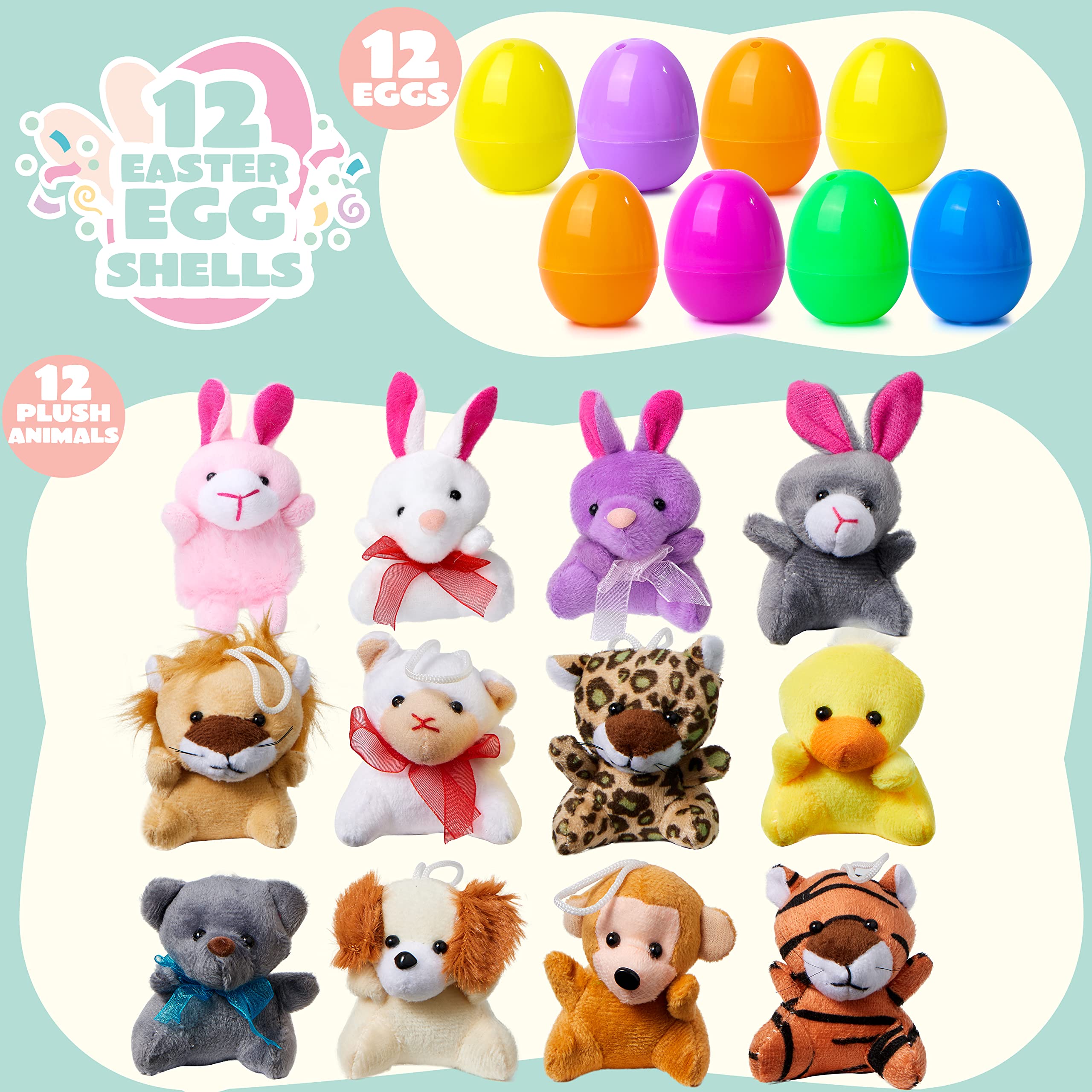 JOYIN 12 Prefilled Easter Eggs with 12 Different Mini Plush Animals for Kids Ages 3-10