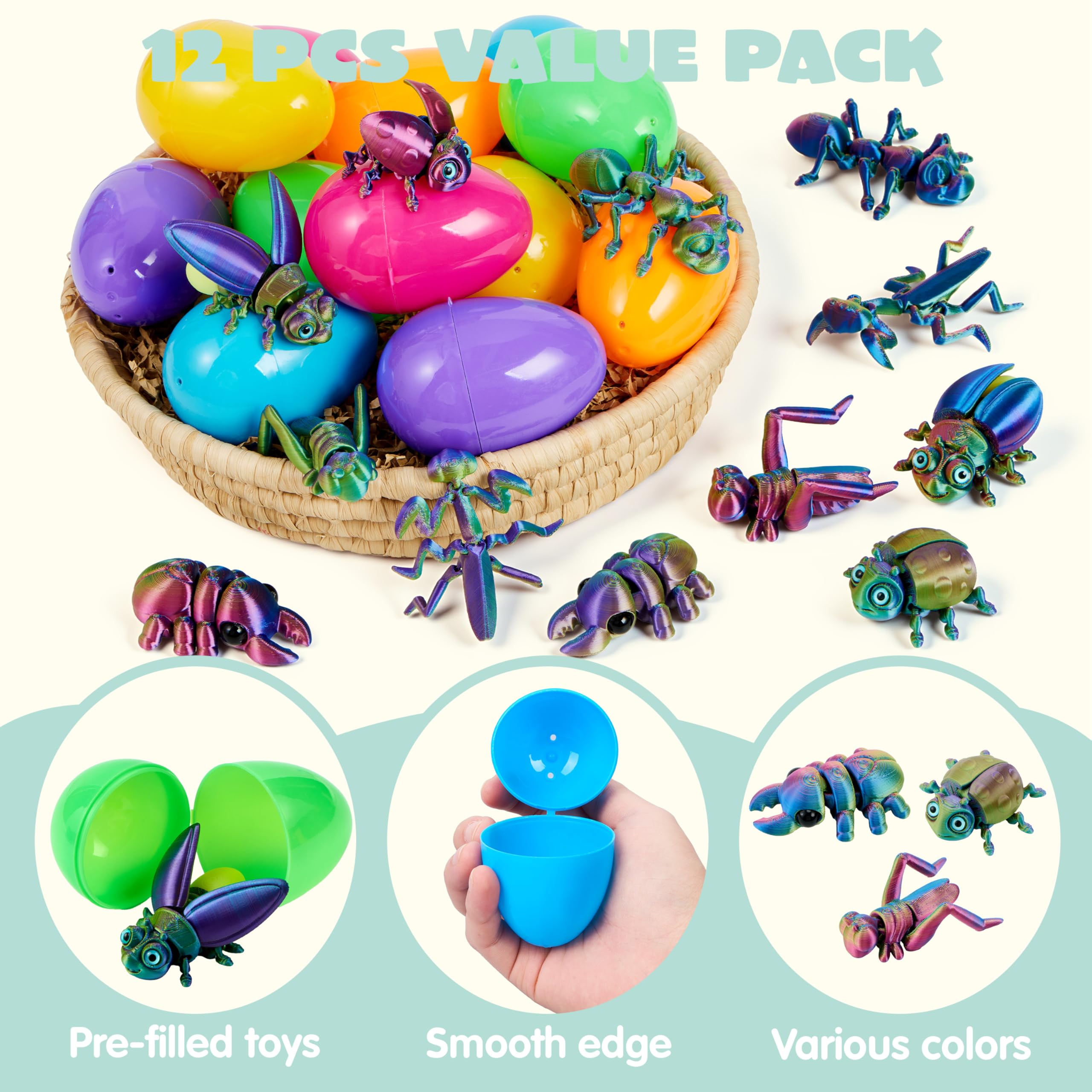 JOYIN 12 Prefilled Easter Eggs with 3D Printed Insects – Fun Easter Basket Stuffers & Party Favors