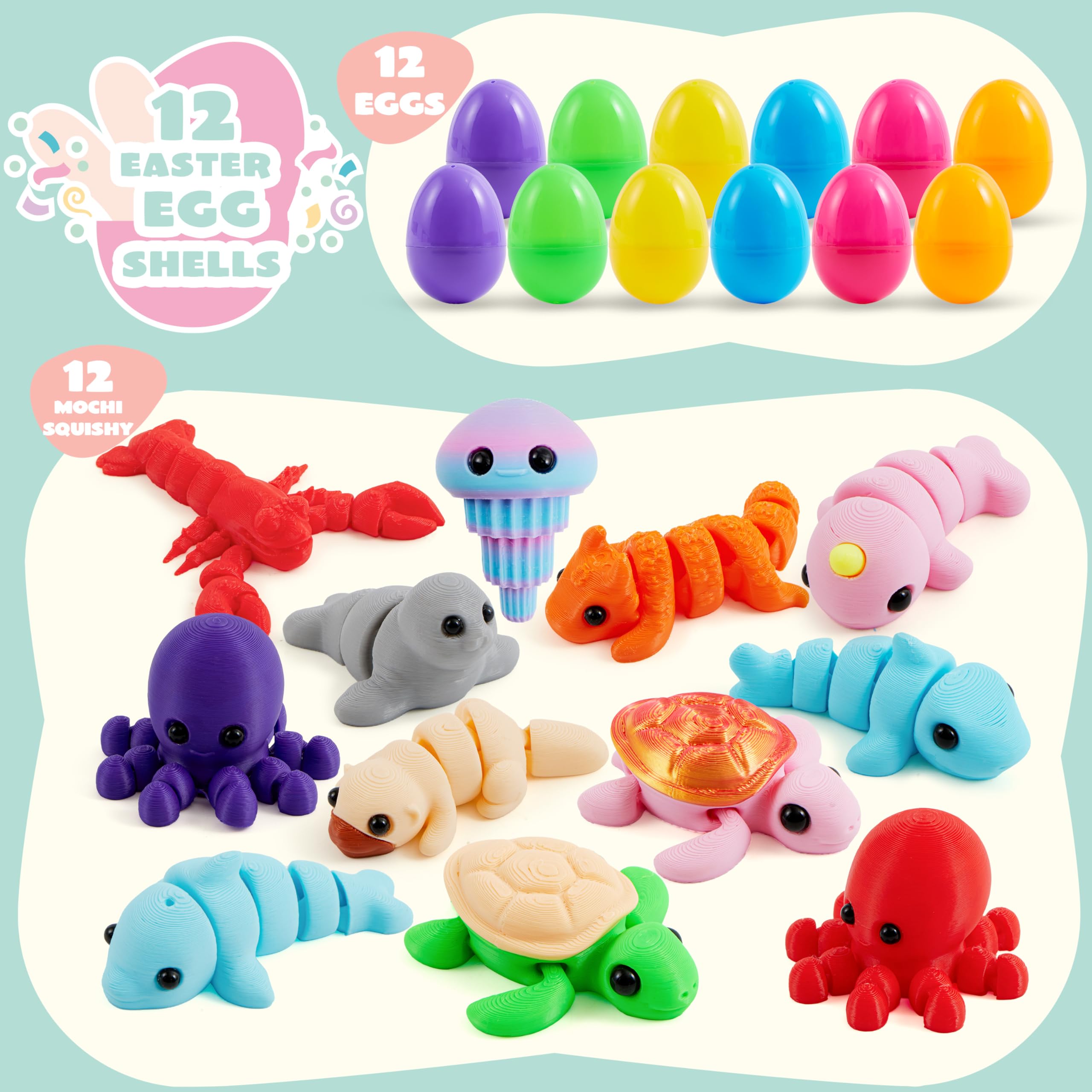 JOYIN 12 Prefilled Easter Eggs with Articulated Mini Sea Animals – 3D Printed Toys for Ages 8+