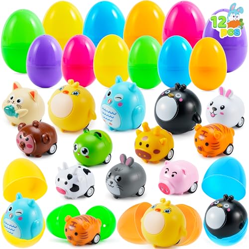 JOYIN 12 Prefilled Plastic Easter Eggs with Animal Pullback Cars - Easter Basket Stuffers, Party Favors for Kids