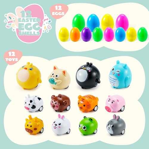 JOYIN 12 Prefilled Plastic Easter Eggs with Animal Pullback Cars - Easter Basket Stuffers, Party Favors for Kids