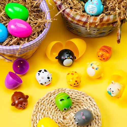 JOYIN 12 Prefilled Plastic Easter Eggs with Animal Pullback Cars - Easter Basket Stuffers, Party Favors for Kids