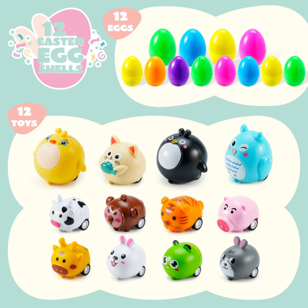 JOYIN 12 Prefilled Plastic Easter Eggs with Animal Pullback Cars - Easter Basket Stuffers, Party Favors for Kids