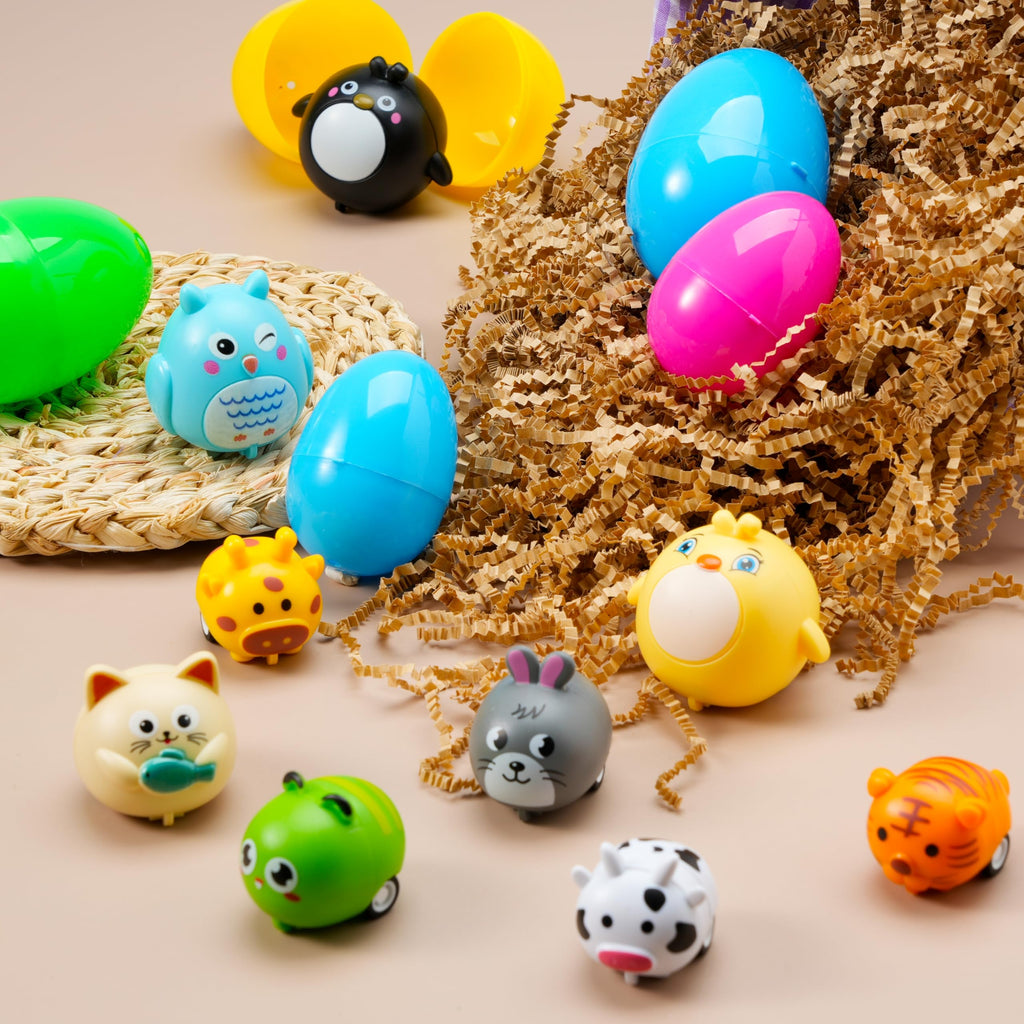 JOYIN 12 Prefilled Plastic Easter Eggs with Animal Pullback Cars - Easter Basket Stuffers, Party Favors for Kids