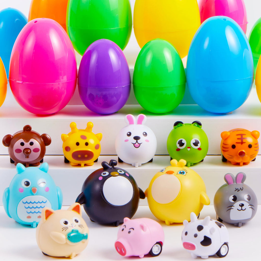 JOYIN 12 Prefilled Plastic Easter Eggs with Animal Pullback Cars - Easter Basket Stuffers, Party Favors for Kids