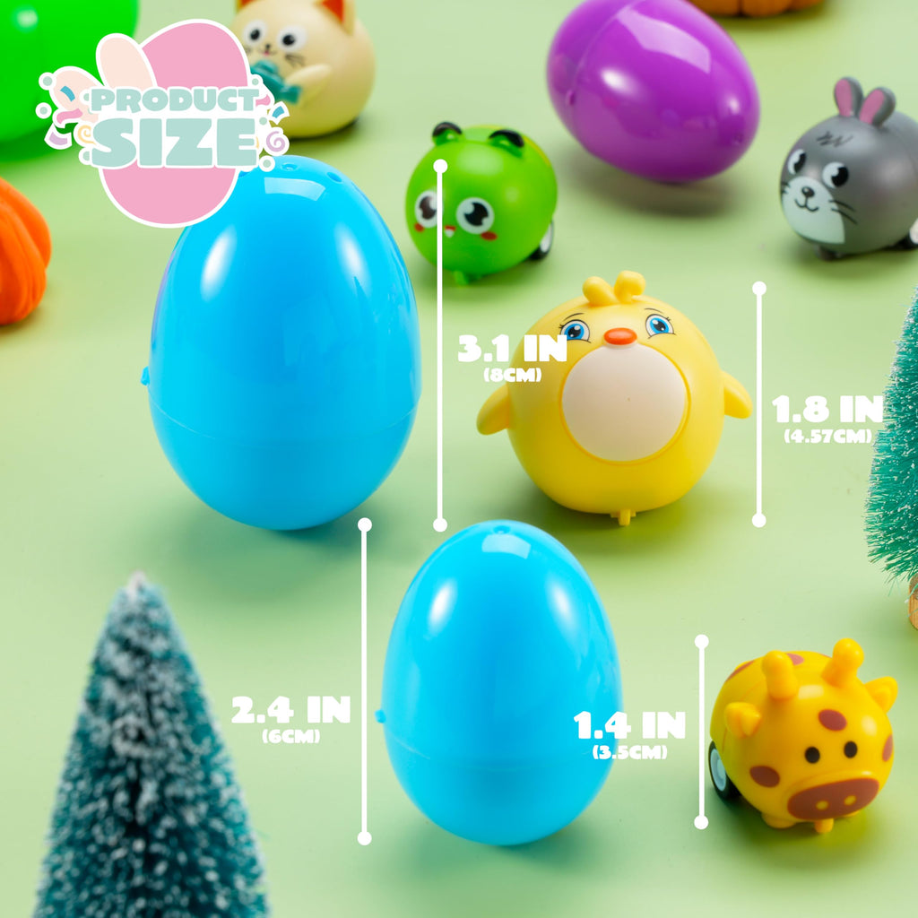 JOYIN 12 Prefilled Plastic Easter Eggs with Animal Pullback Cars - Easter Basket Stuffers, Party Favors for Kids