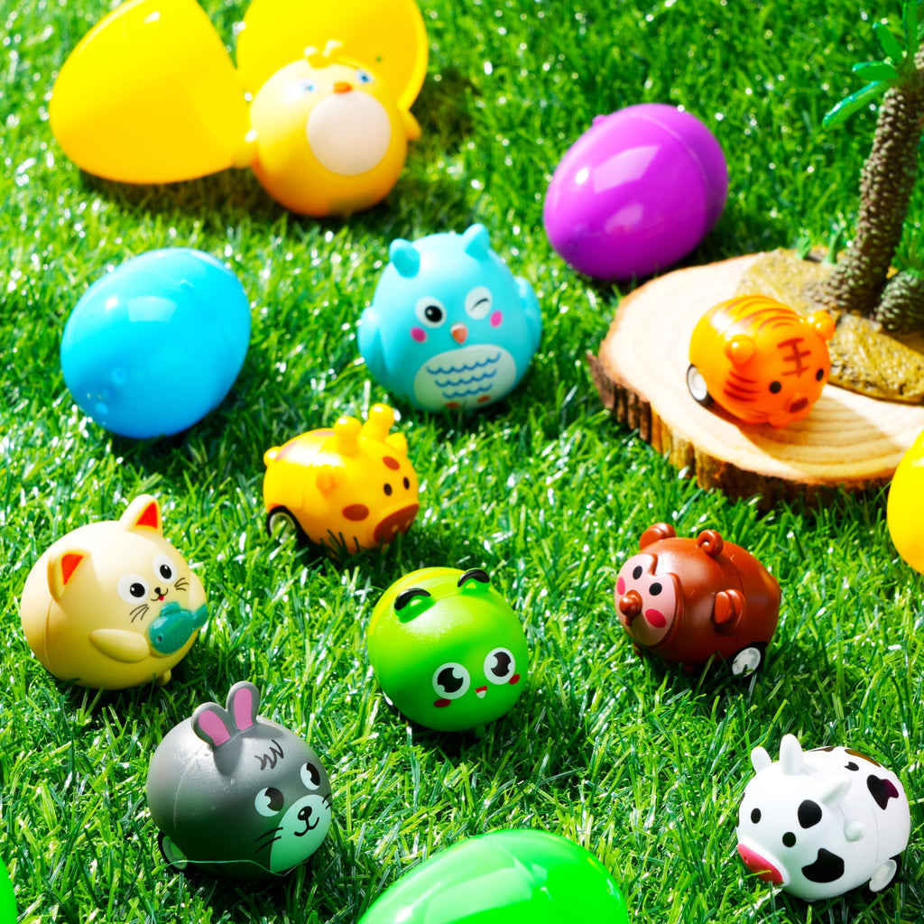 JOYIN 12 Prefilled Plastic Easter Eggs with Animal Pullback Cars - Easter Basket Stuffers, Party Favors for Kids