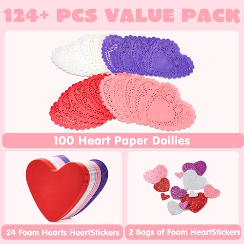 JOYIN 126+ Piece Valentine's Day Craft Set with Heart Doilies, Foam Hearts, and Stickers