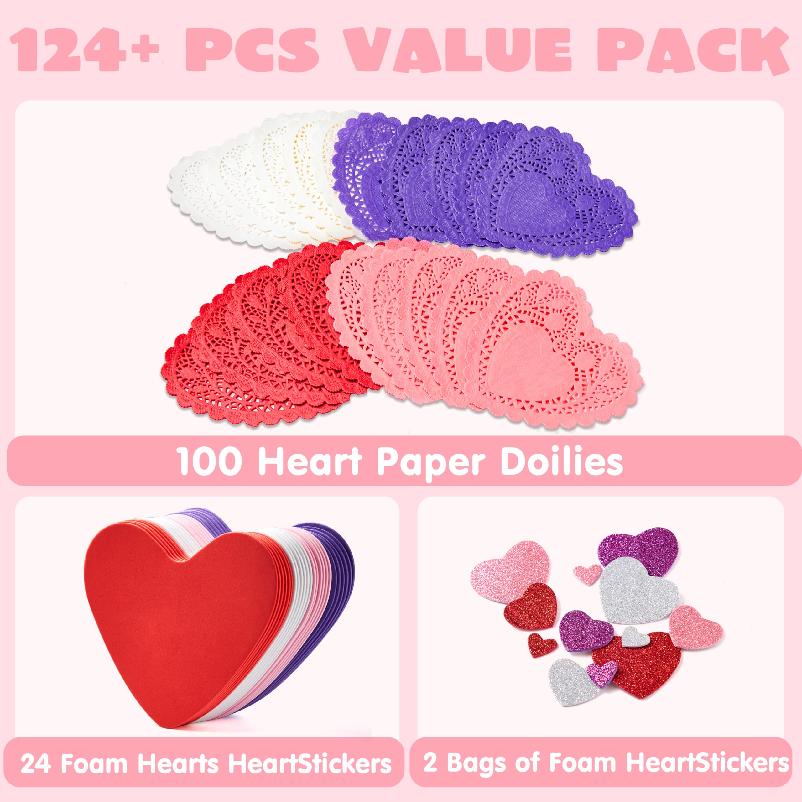JOYIN 126+ Piece Valentine's Day Craft Set with Heart Doilies, Foam Hearts, and Stickers
