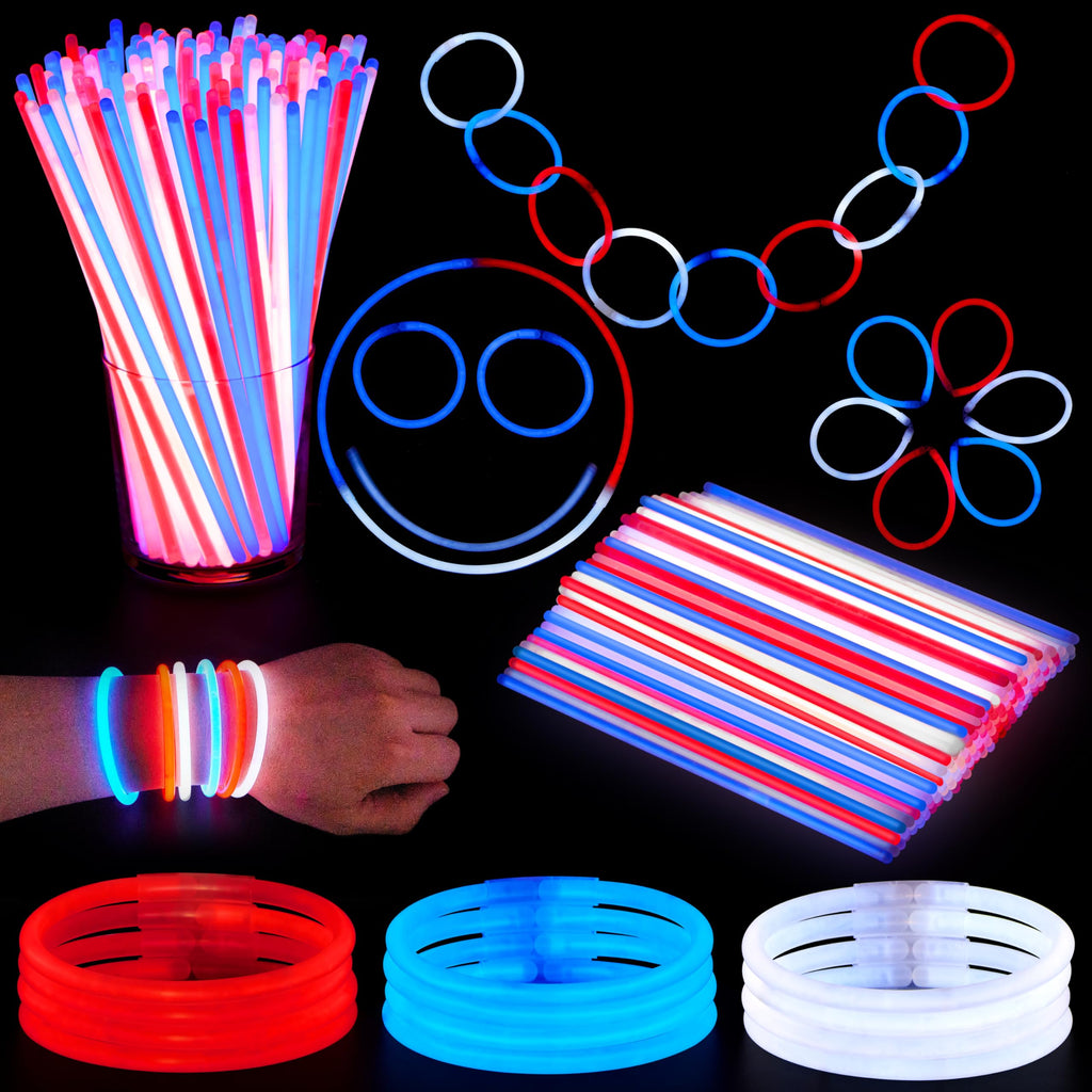 JOYIN 162-Piece Patriotic Glow Sticks Set for 4th of July & 250th Anniversary – Red, White & Blue with Connectors
